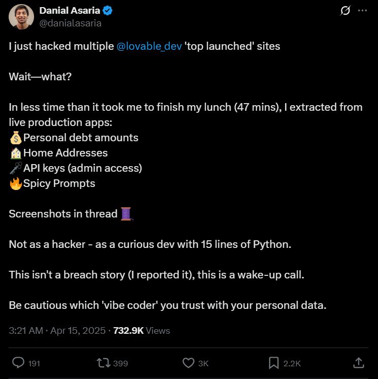 Danial Asaria on X: hacking multiple Lovable top launched sites